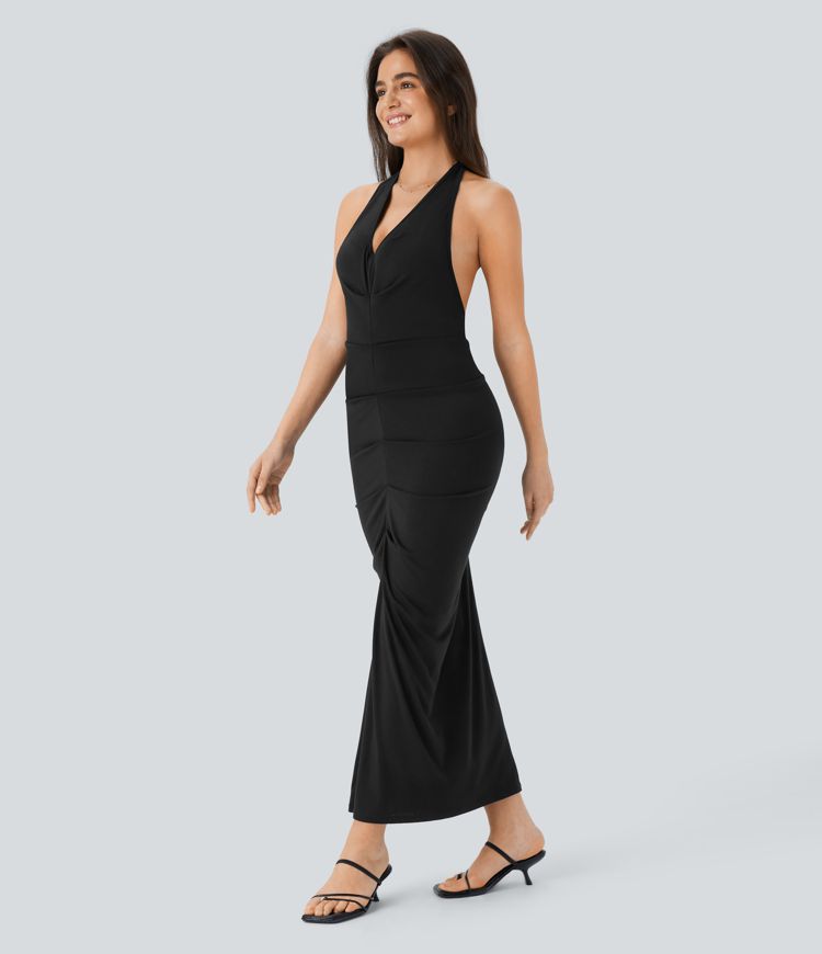Deep V Neck Halter Tie Ruched Midi Casual Dress