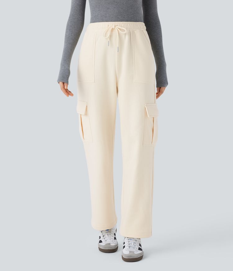 High Waisted Drawstring Pockets Straight Leg Casual Cargo Pants