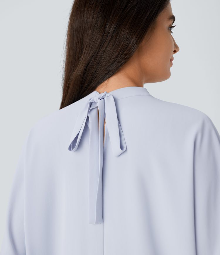 Stand Collar Tie Back Oversize Casual Linen-Feel Top