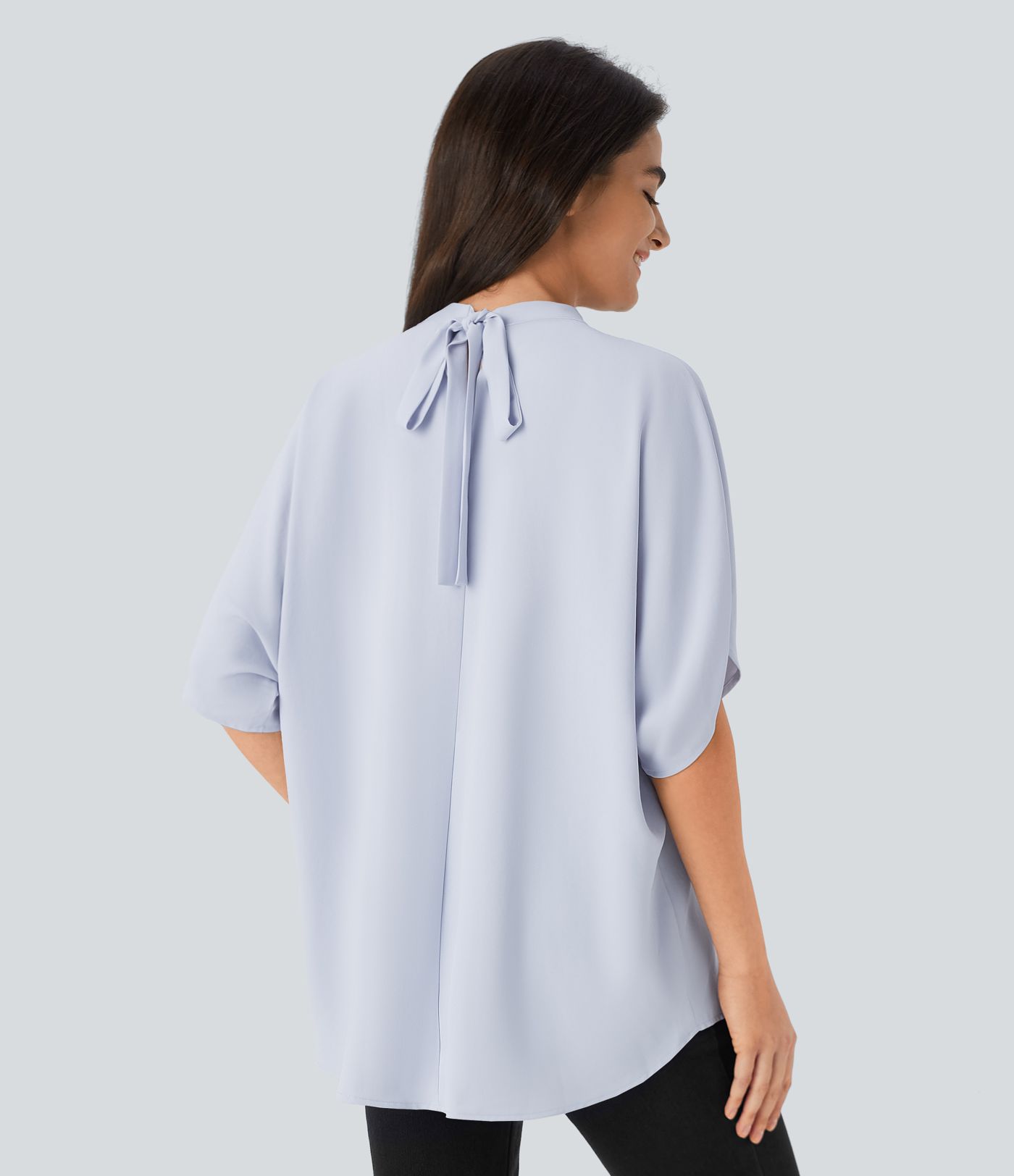 Stand Collar Tie Back Oversize Casual Linen-Feel Top