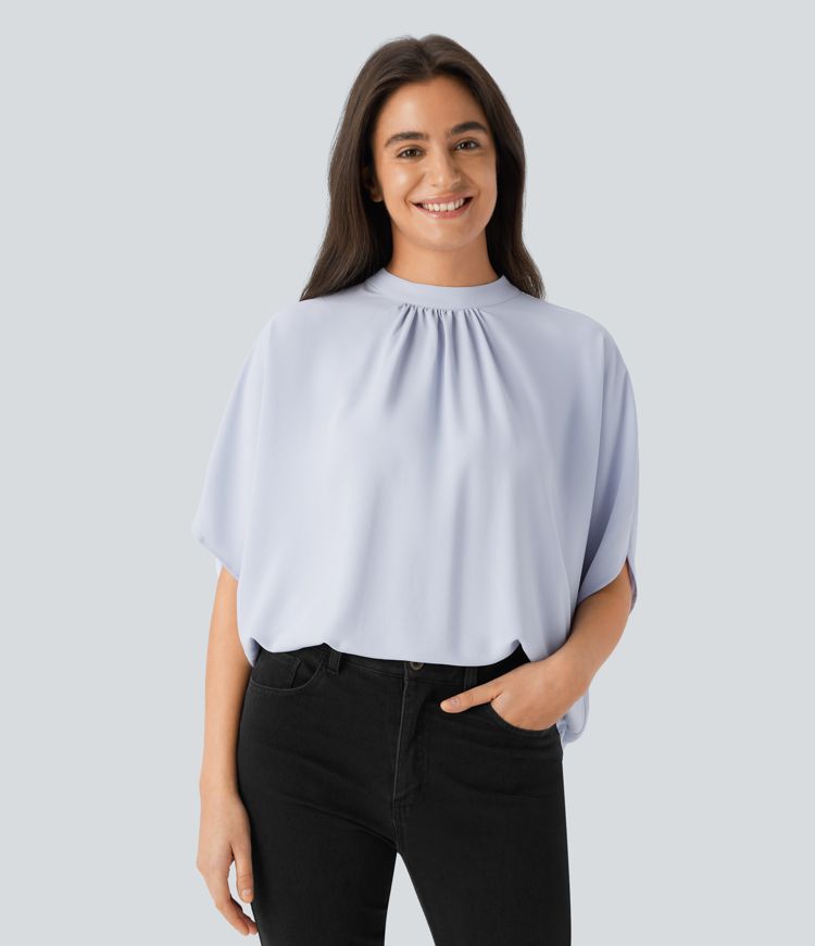 Stand Collar Tie Back Oversize Casual Linen-Feel Top