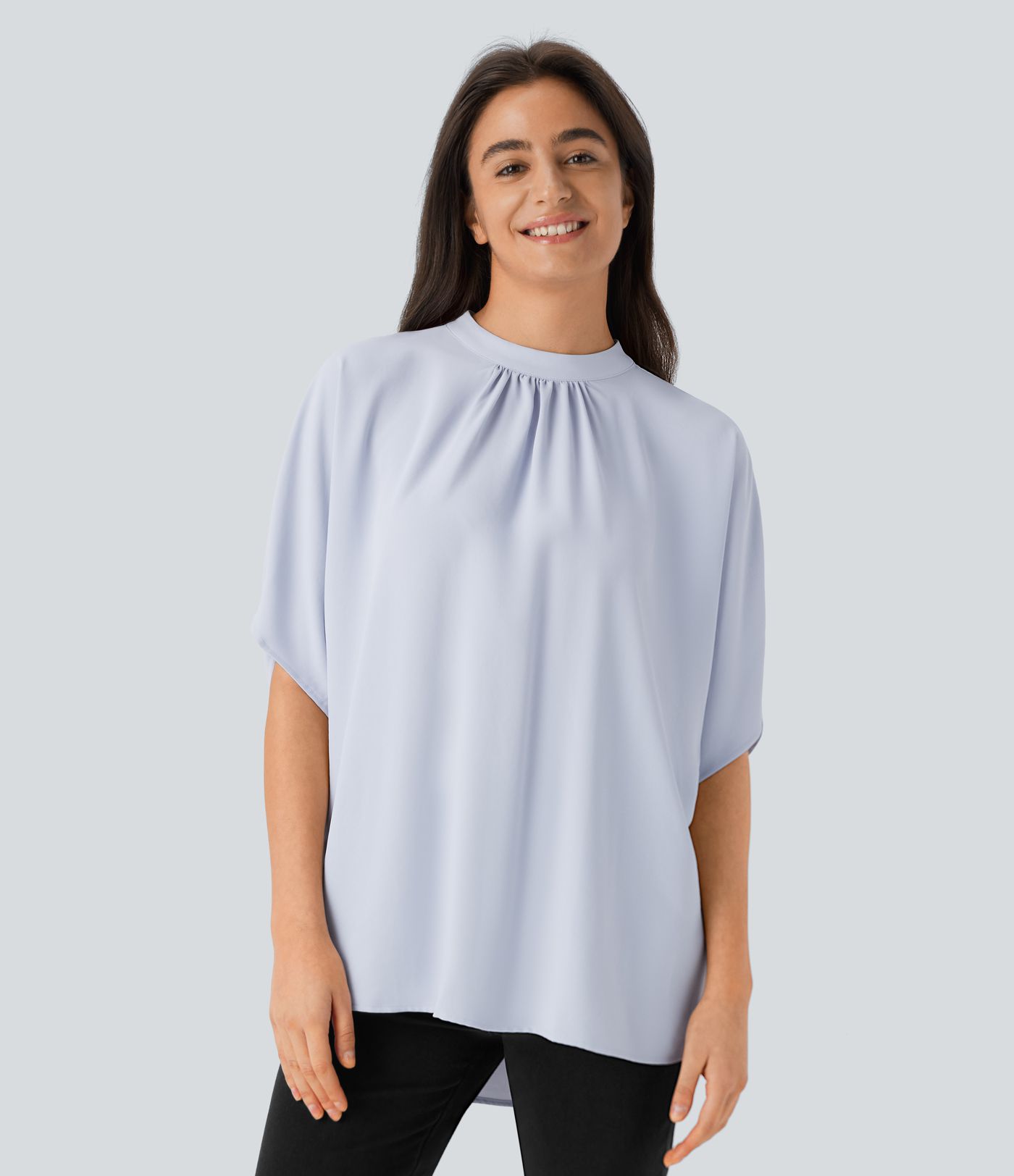 Stand Collar Tie Back Oversize Casual Linen-Feel Top