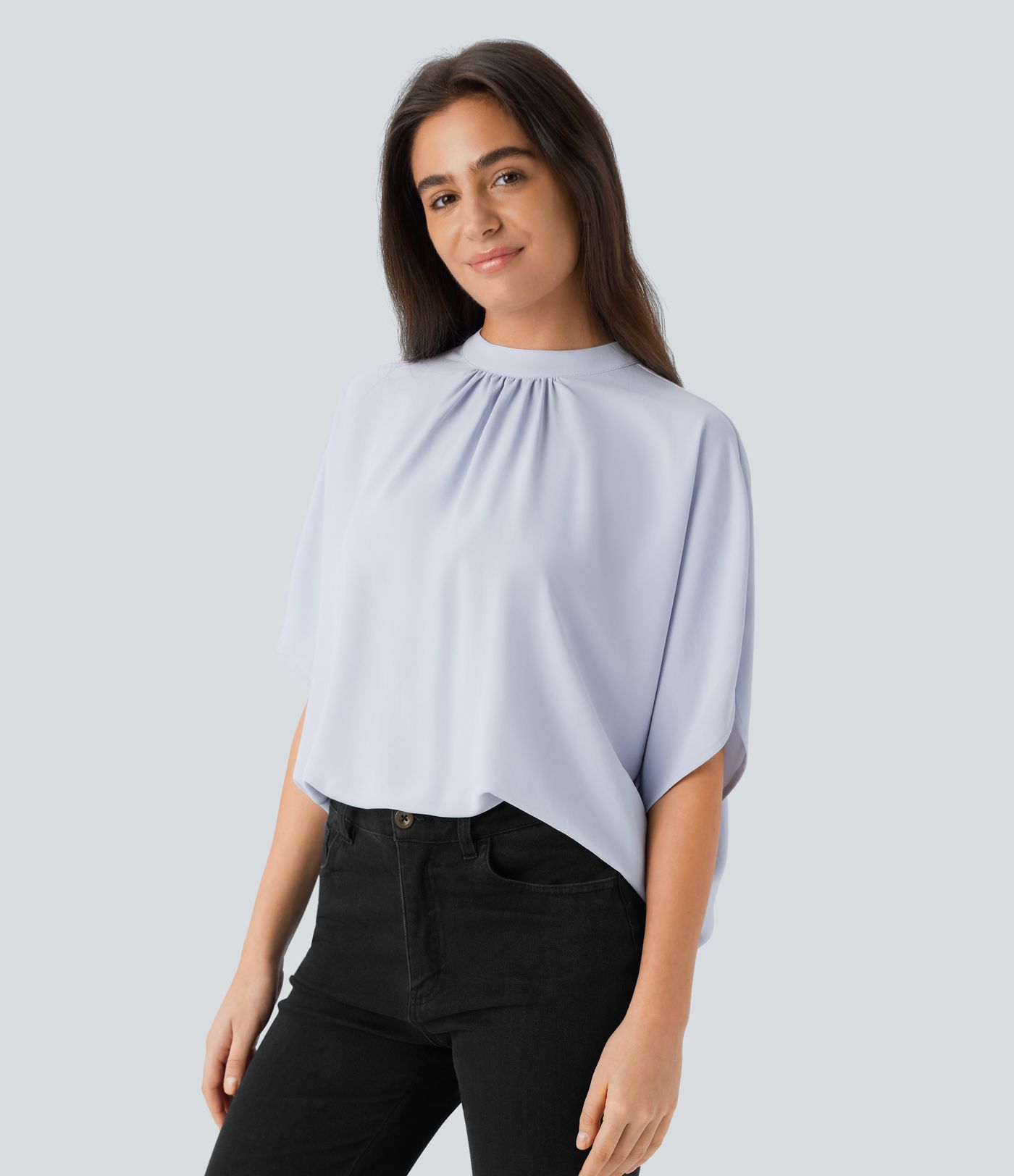 Stand Collar Tie Back Oversize Casual Linen-Feel Top