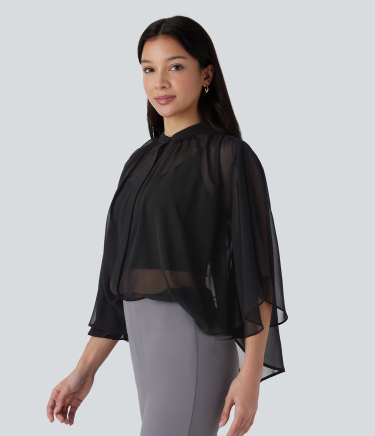 Sheer Button Elbow Sleeve Flowy Work Shirt