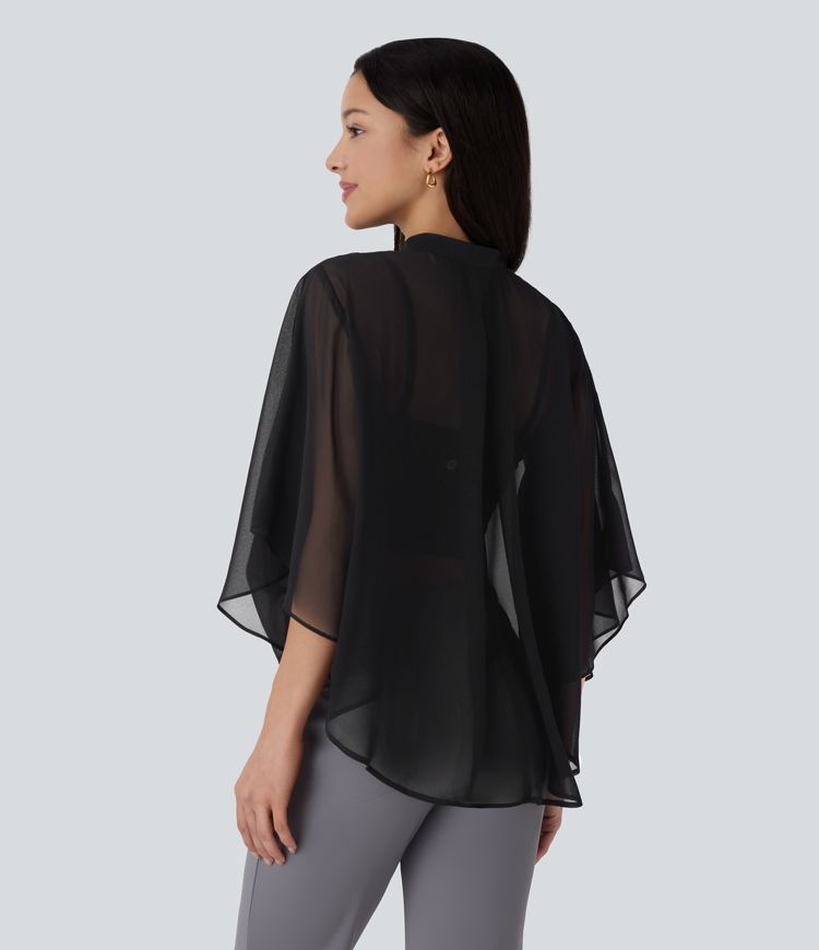 Sheer Button Elbow Sleeve Flowy Work Shirt