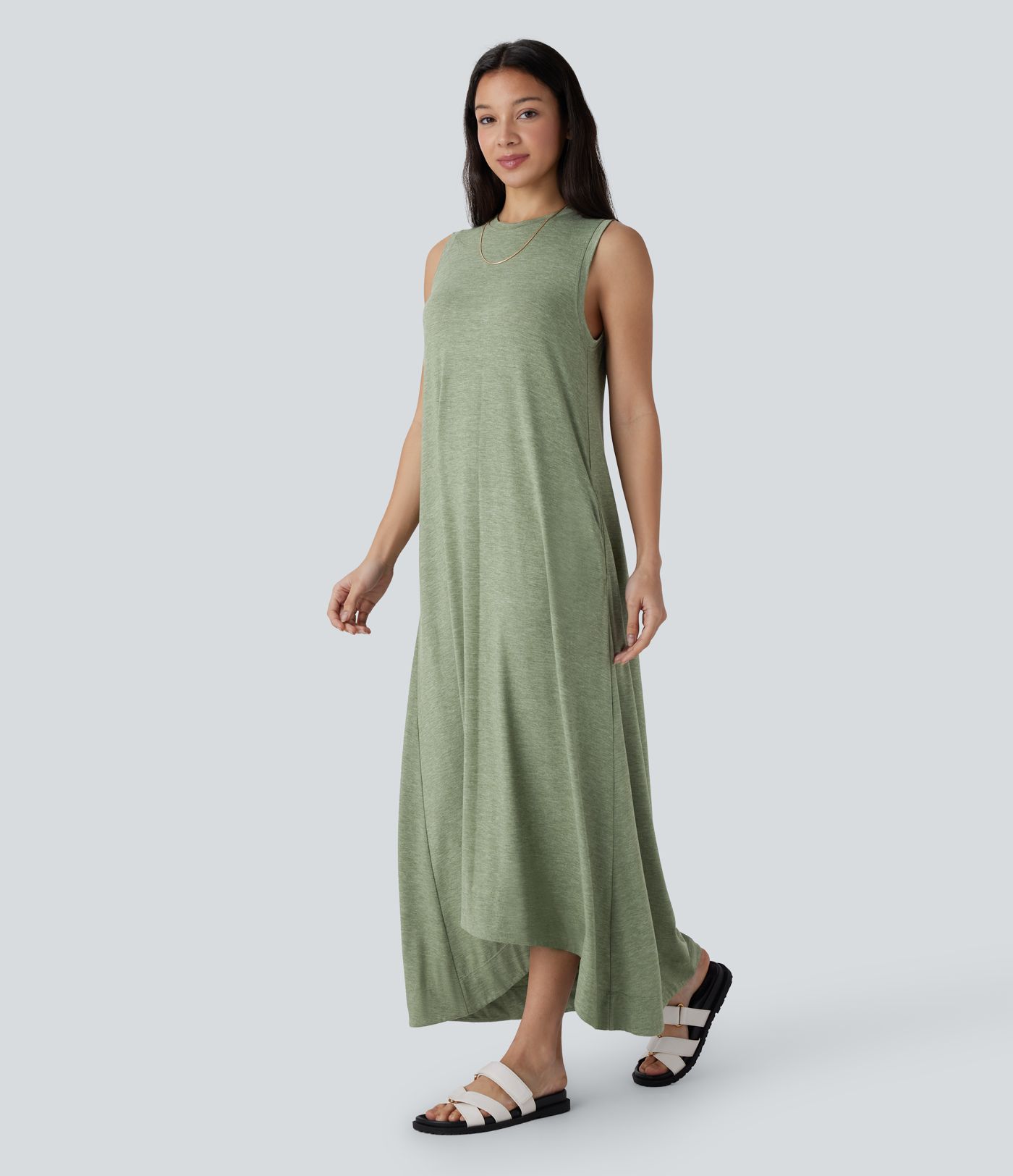 Fließendes, ärmelloses Freizeit-Maxikleid mit Seitentaschen, Rundhalsausschnitt und High-Low-Design