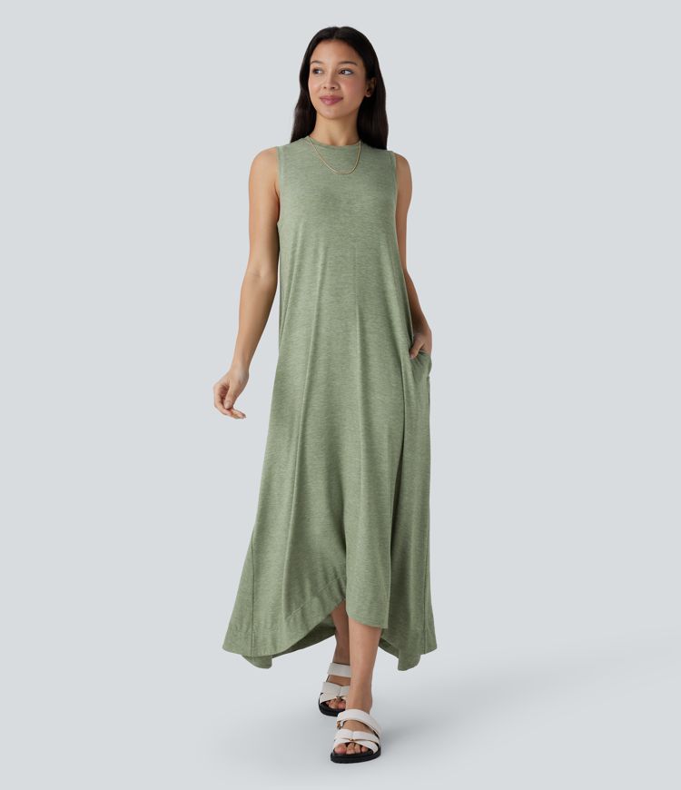 Round Neck Sleeveless Side Pocket High Low Flowy Maxi Casual Dress