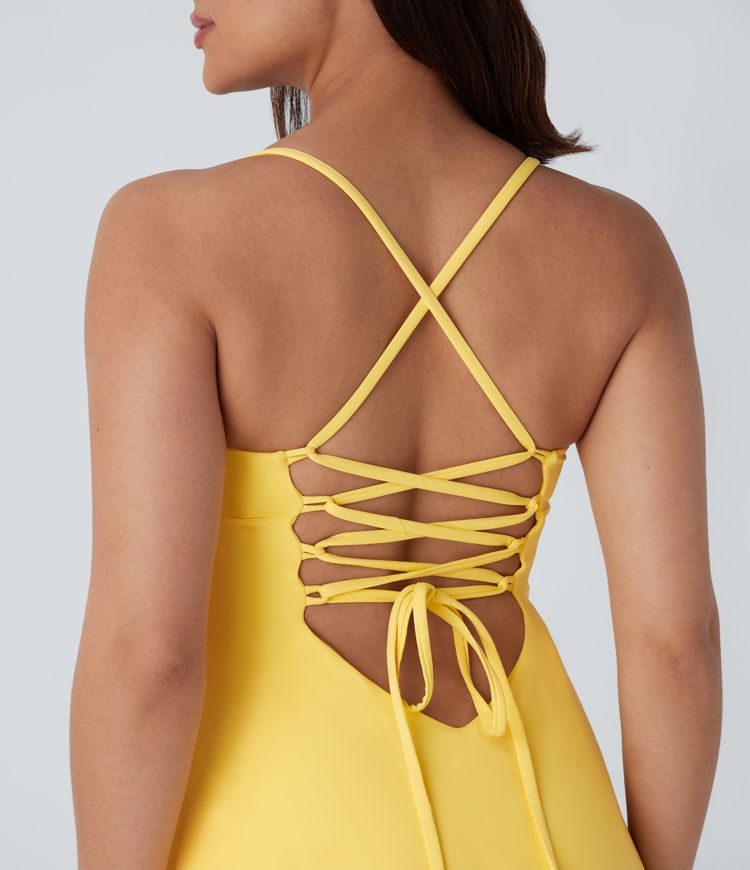 Softlyzero™ Airy Backless Crisscross Lace Up 2-in-1 Side Pocket Mini Cool Touch Dance Active Slip Dress