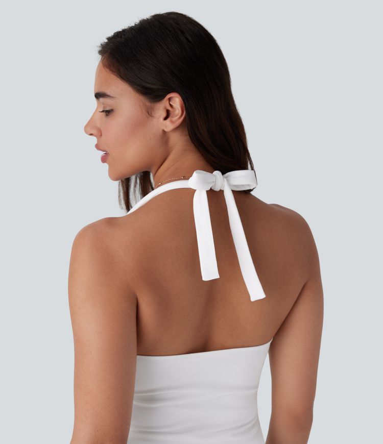 SoftlyZero™ Airy Halter Tie Back 2-Piece Pocket Bodycon Ruffle Hem Cool Touch Mini Casual Dress