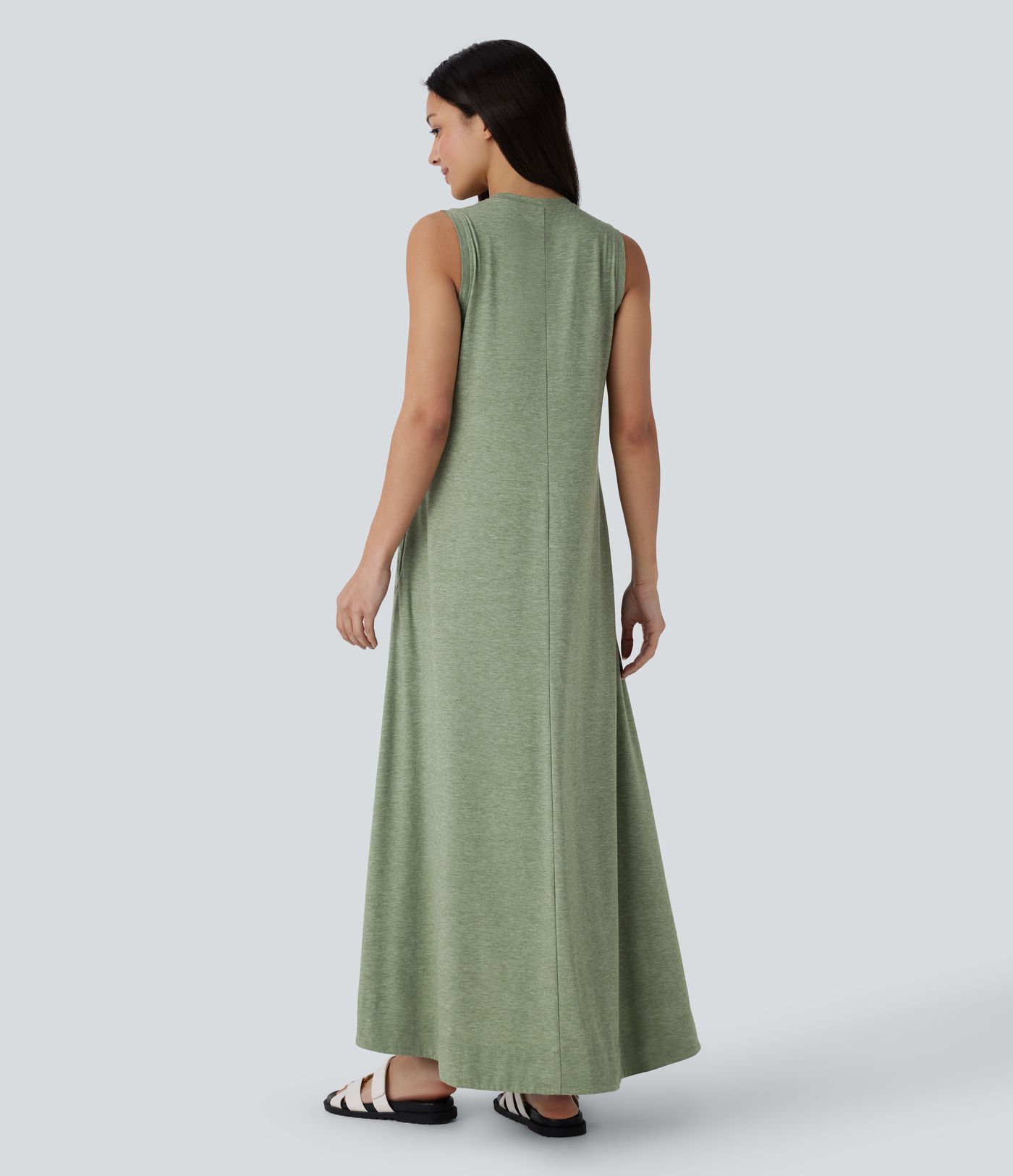 Fließendes, ärmelloses Freizeit-Maxikleid mit Seitentaschen, Rundhalsausschnitt und High-Low-Design