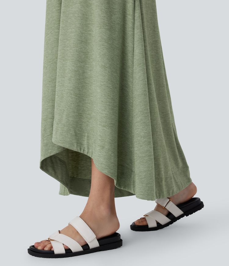 Fließendes, ärmelloses Freizeit-Maxikleid mit Seitentaschen, Rundhalsausschnitt und High-Low-Design