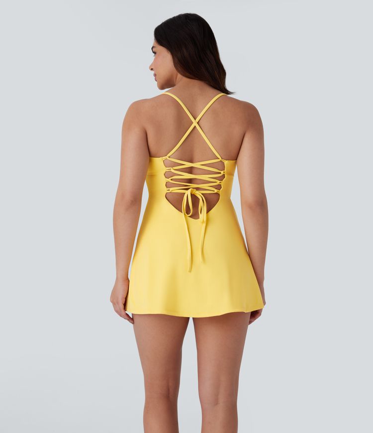 Softlyzero™ Airy Backless Crisscross Lace Up 2-in-1 Side Pocket Mini Cool Touch Dance Active Slip Dress