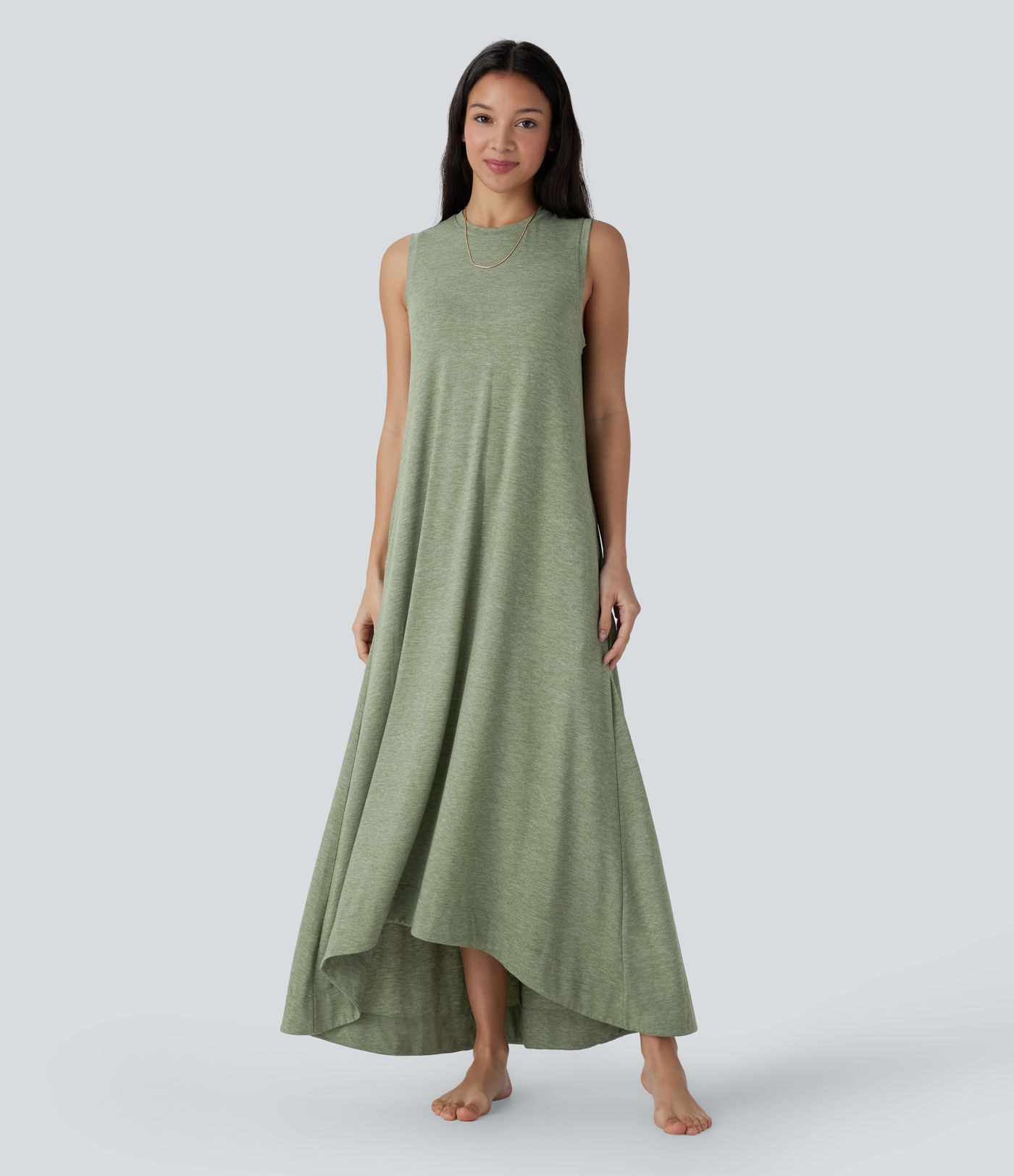 Fließendes, ärmelloses Freizeit-Maxikleid mit Seitentaschen, Rundhalsausschnitt und High-Low-Design