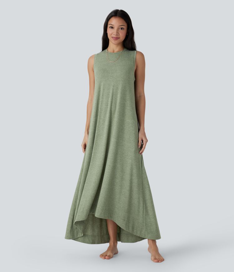 Fließendes, ärmelloses Freizeit-Maxikleid mit Seitentaschen, Rundhalsausschnitt und High-Low-Design