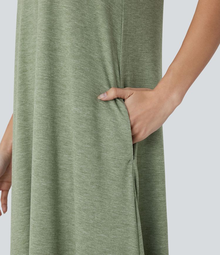 Fließendes, ärmelloses Freizeit-Maxikleid mit Seitentaschen, Rundhalsausschnitt und High-Low-Design
