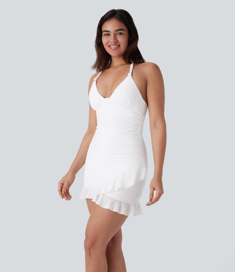 SoftlyZero™ Airy Halter Tie Back 2-Piece Pocket Bodycon Ruffle Hem Cool Touch Mini Casual Dress