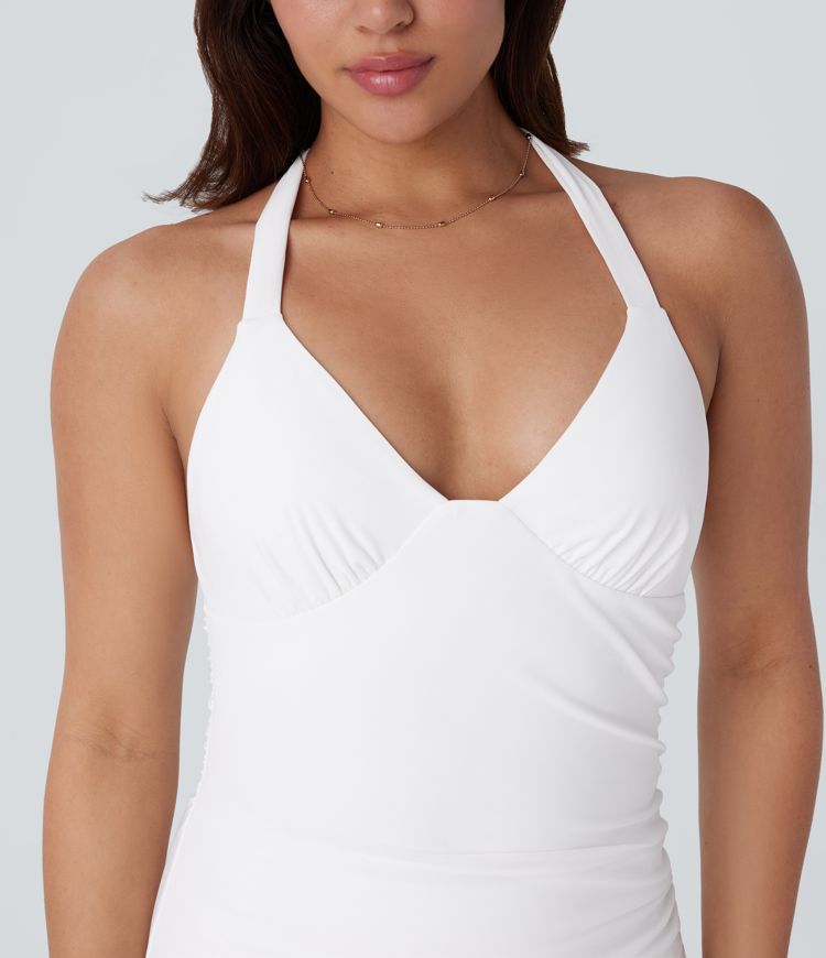 SoftlyZero™ Airy Halter Tie Back 2-Piece Pocket Bodycon Ruffle Hem Cool Touch Mini Casual Dress