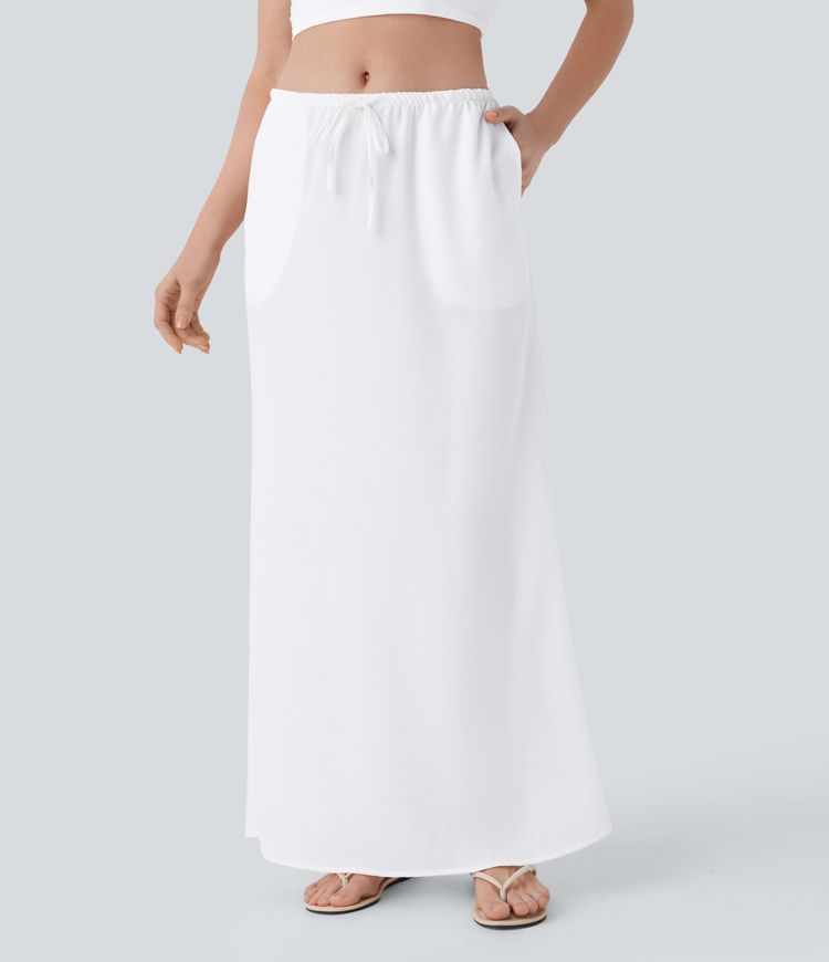 Low Rise Drawstring Pocket Maxi Linen-Feel Skirt