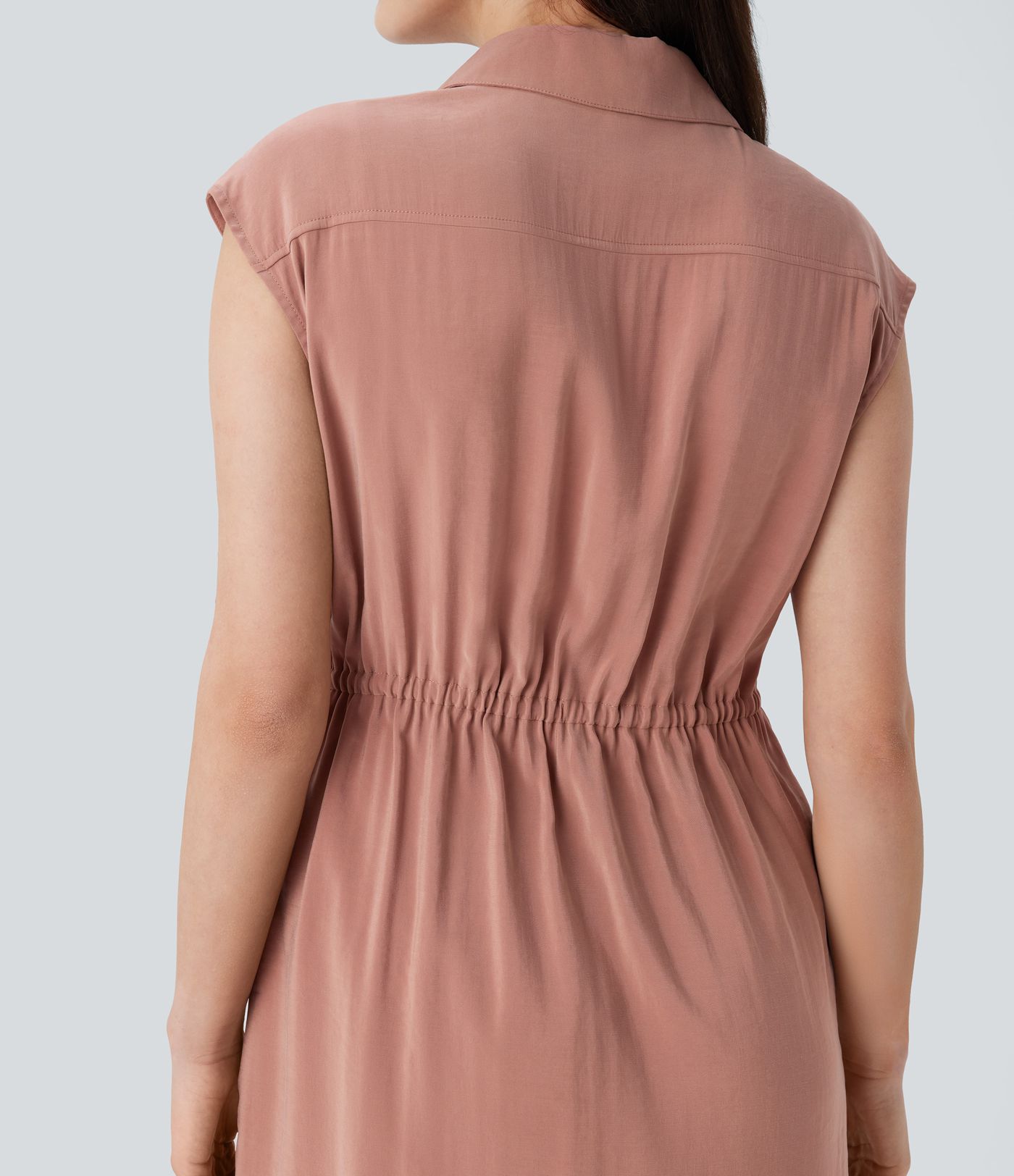 Sleeveless Pockets Drawstring Midi Work Shirt Dress