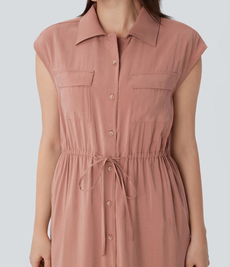 Sleeveless Pockets Drawstring Midi Work Shirt Dress