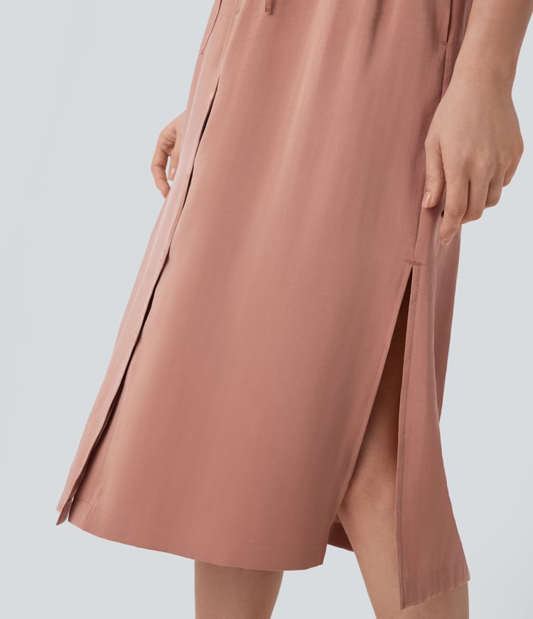 Sleeveless Pockets Drawstring Midi Work Shirt Dress