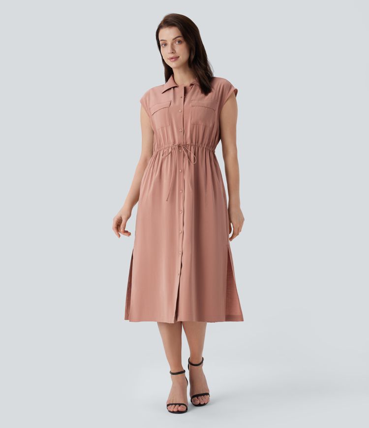 Sleeveless Pockets Drawstring Midi Work Shirt Dress