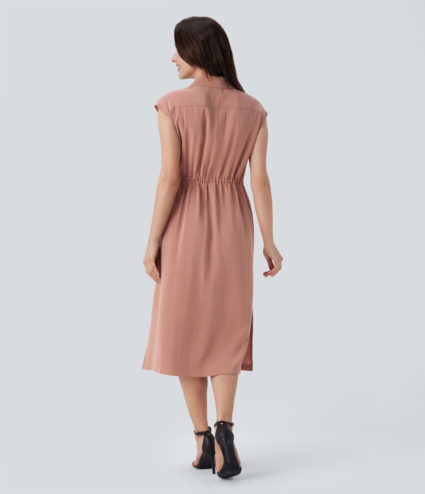 Sleeveless Pockets Drawstring Midi Work Shirt Dress