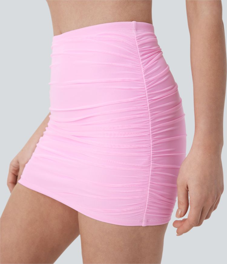 High Waisted Contrast Mesh Ruched 2-in-1 Bodycon Mini Skirt