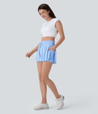 High Waisted Tummy Control Drawstring 2-in-1 Anti-slip Hem Cool Touch Yoga Shorts with Pockets-UPF50+