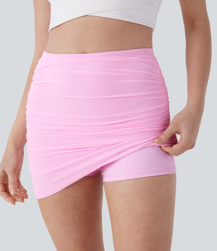 High Waisted Contrast Mesh Ruched 2-in-1 Bodycon Mini Skirt