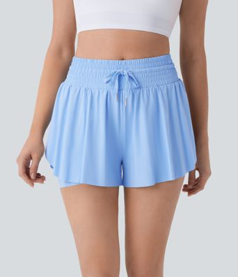 High Waisted Tummy Control Drawstring 2-in-1 Anti-slip Hem Cool Touch Yoga Shorts with Pockets-UPF50+