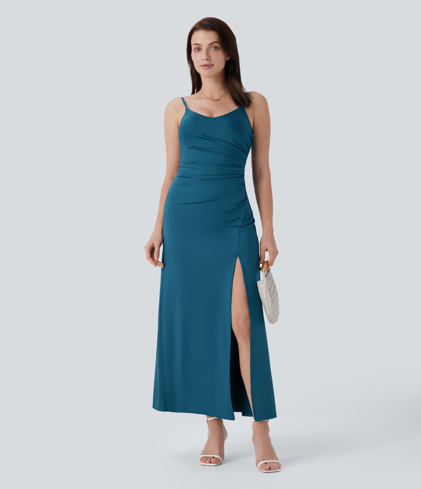 Adjustable Strap Ruched Split Maxi Bridesmaid and Wedding Guest Dress