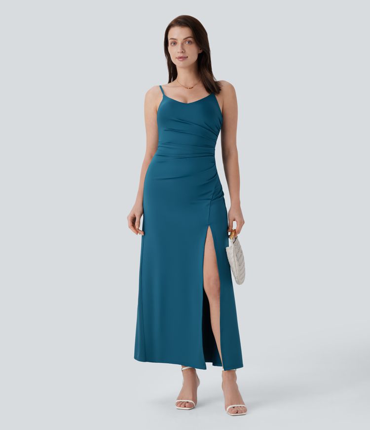 Adjustable Strap Ruched Split Maxi Bridesmaid and Wedding Guest Dress