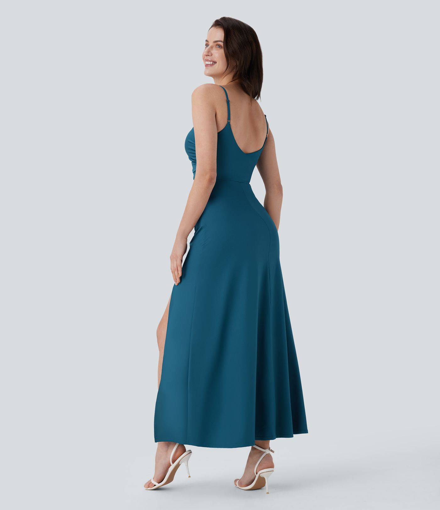 Adjustable Strap Ruched Split Maxi Bridesmaid and Wedding Guest Dress