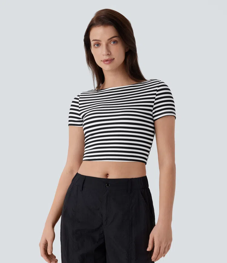 Boat Neck Stripe Slim Cropped Waffle Work Tee