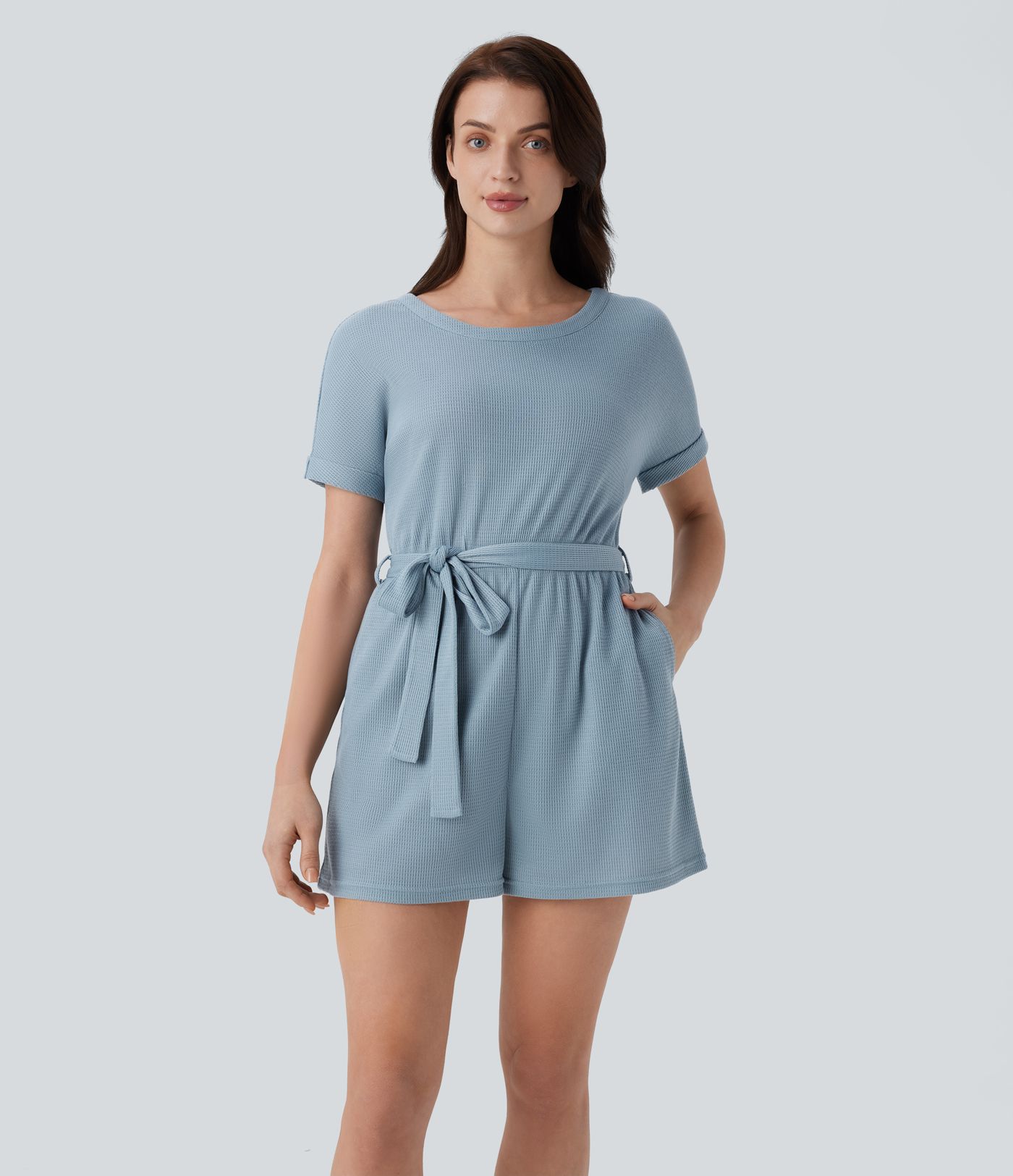 Boat Neck Short Sleeve Keyhole Back Cut Out Belted Side Pocket Waffle Casual Playsuits