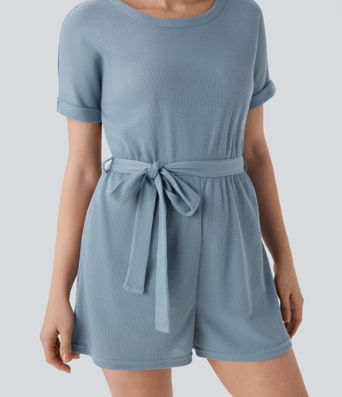 Boat Neck Short Sleeve Keyhole Back Cut Out Belted Side Pocket Waffle Casual Playsuits