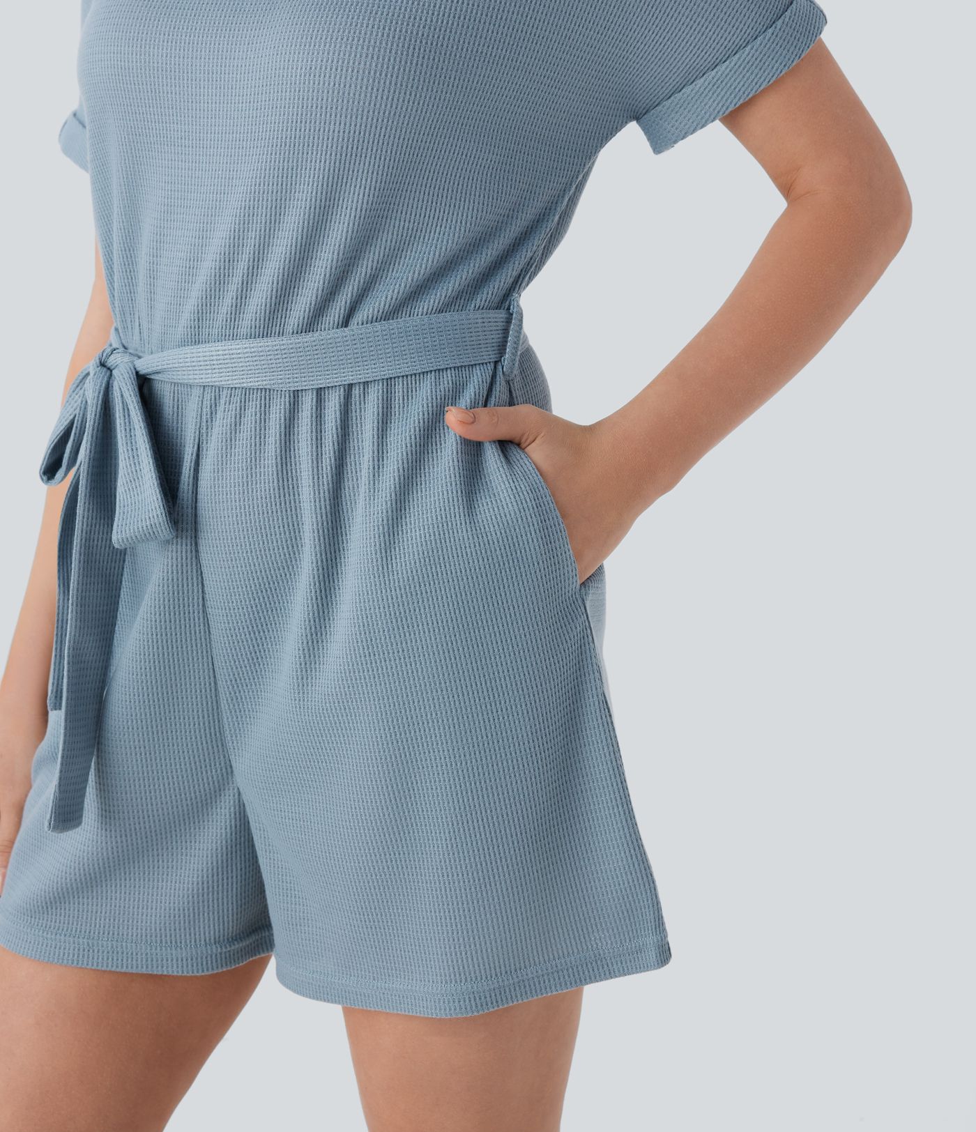 Boat Neck Short Sleeve Keyhole Back Cut Out Belted Side Pocket Waffle Casual Playsuits