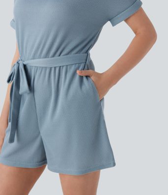 Boat Neck Short Sleeve Keyhole Back Cut Out Belted Side Pocket Waffle Casual Playsuits