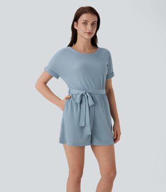 Boat Neck Short Sleeve Keyhole Back Cut Out Belted Side Pocket Waffle Casual Playsuits