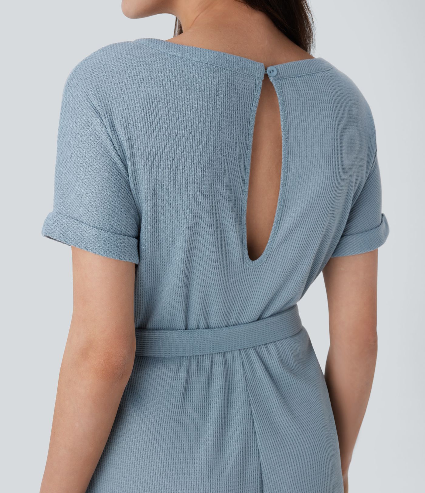 Boat Neck Short Sleeve Keyhole Back Cut Out Belted Side Pocket Waffle Casual Playsuits