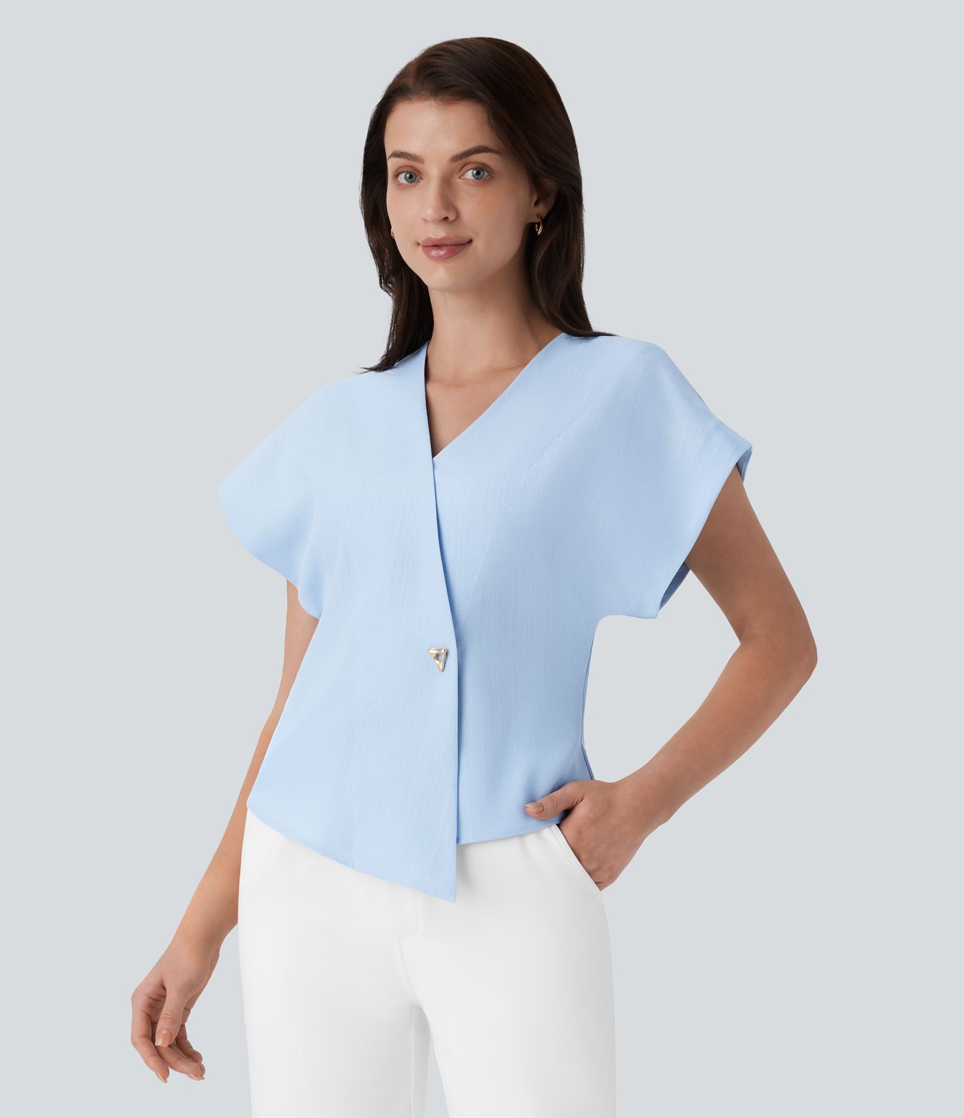 Überkreuztes Arbeitsoberteil mit V-Ausschnitt, Fledermausärmeln und Druckknöpfen