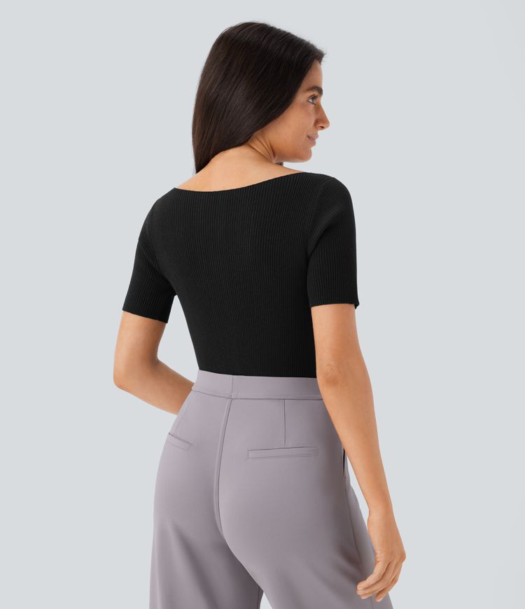 Boat Neck Short Sleeve Slim Work Sweater