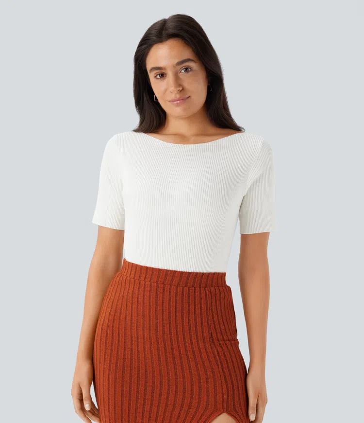Boat Neck Short Sleeve Slim Work Sweater