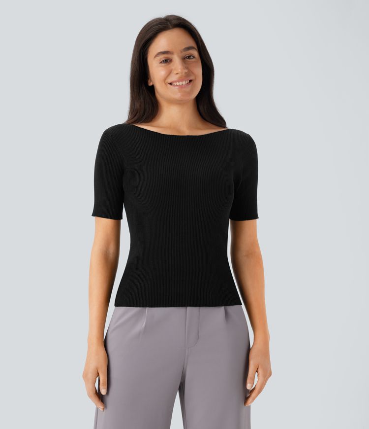 Boat Neck Short Sleeve Slim Work Sweater