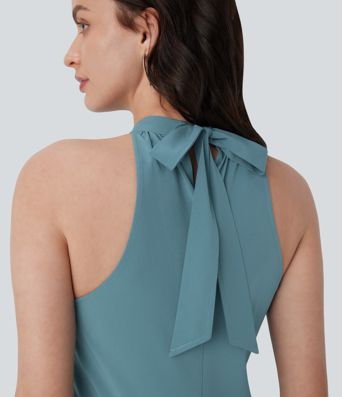 Mono Breezeful™ Halter resort holgado secado rápido pierna ancha bolsillo lateral cierre invisible cuello