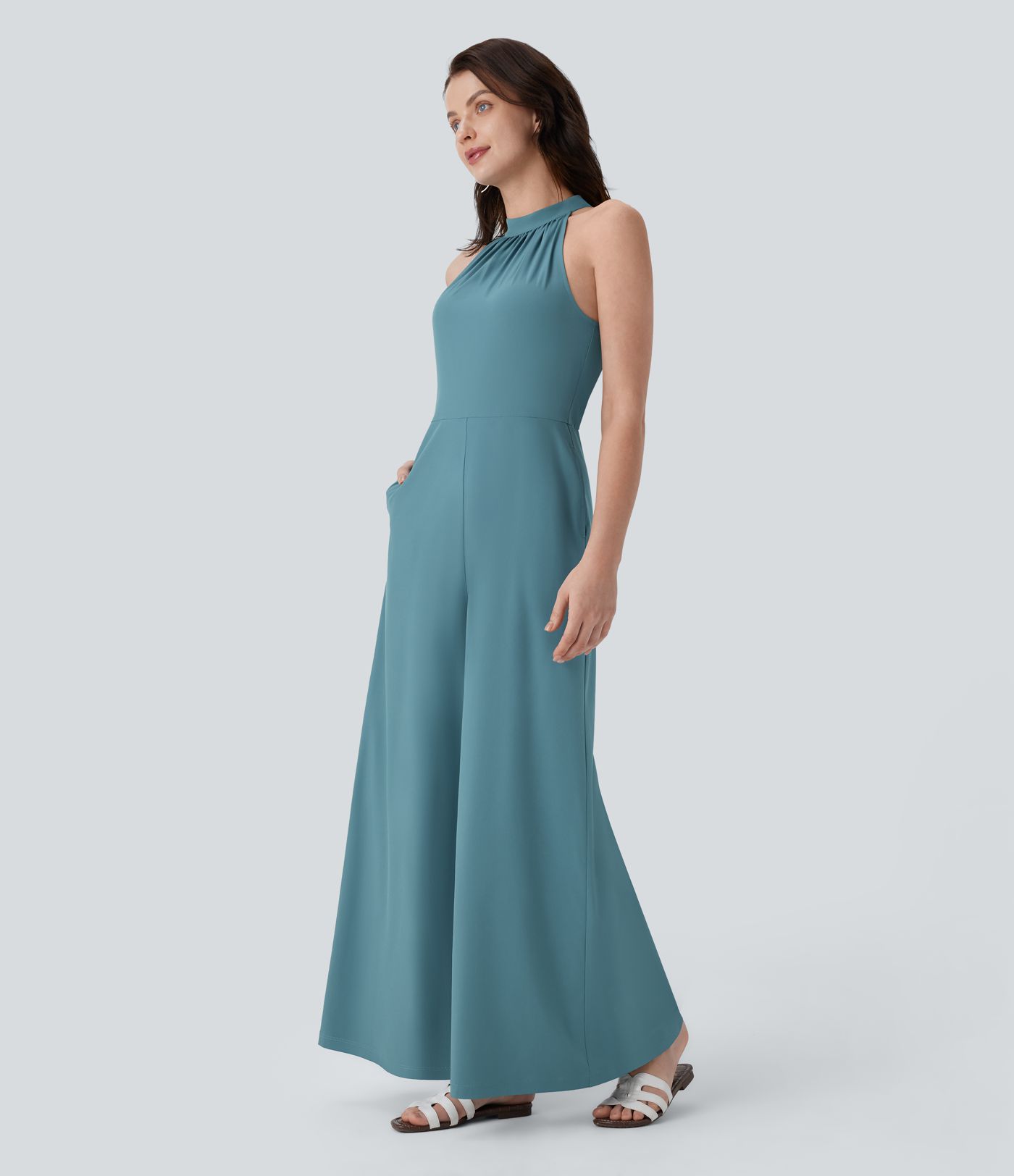 Mono Breezeful™ Halter resort holgado secado rápido pierna ancha bolsillo lateral cierre invisible cuello