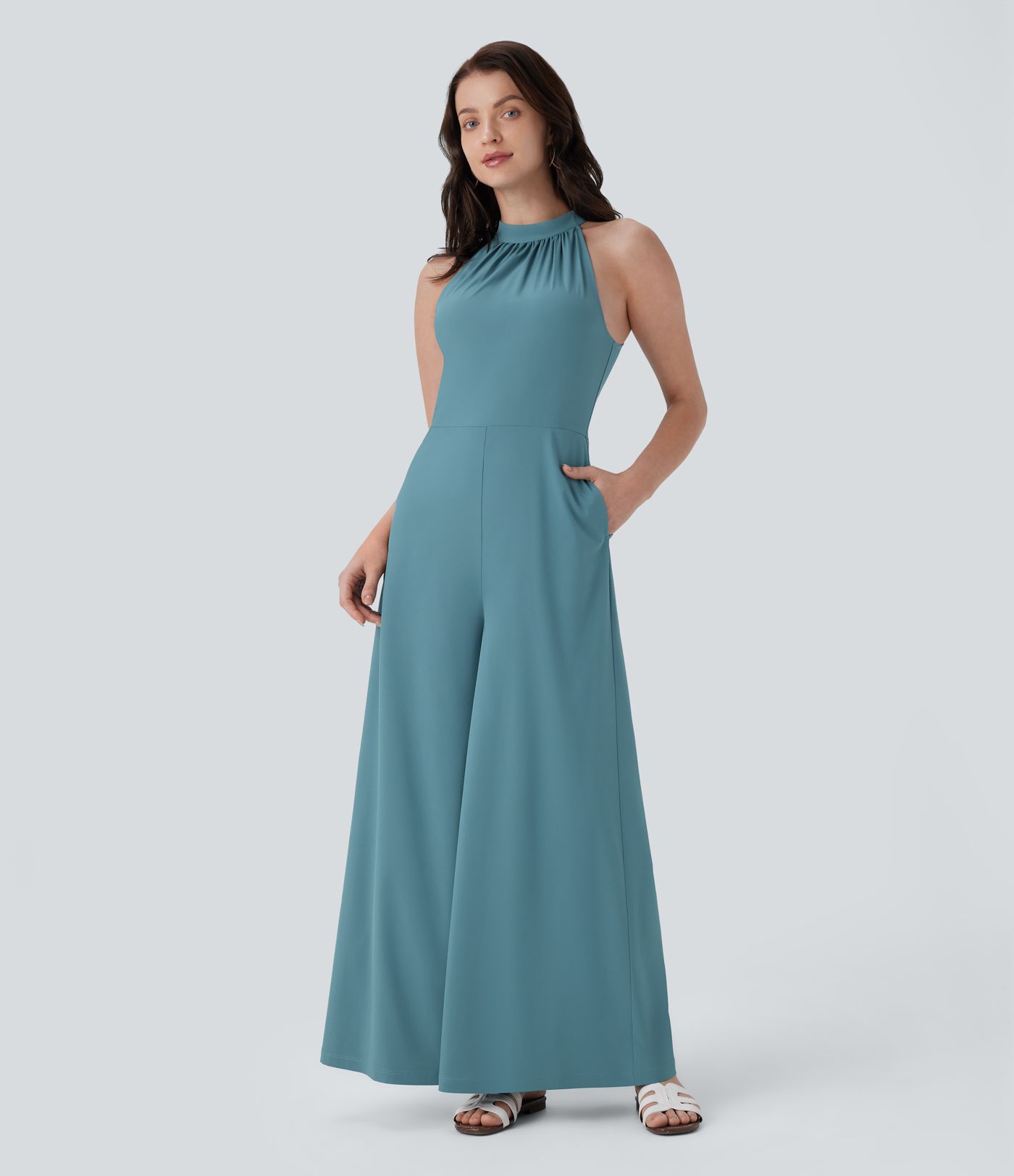 Mono Breezeful™ Halter resort holgado secado rápido pierna ancha bolsillo lateral cierre invisible cuello