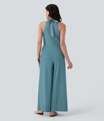 Mono Breezeful™ Halter resort holgado secado rápido pierna ancha bolsillo lateral cierre invisible cuello