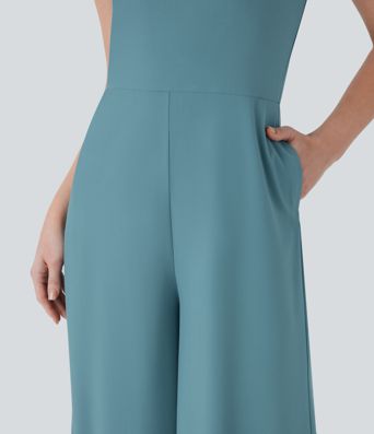 Mono Breezeful™ Halter resort holgado secado rápido pierna ancha bolsillo lateral cierre invisible cuello